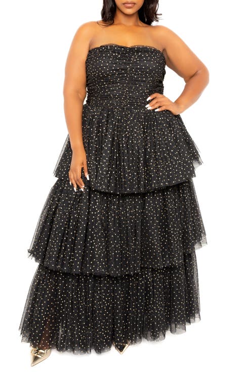 Metallic Polka Dot Strapless Tiered Tulle Dress (Plus)