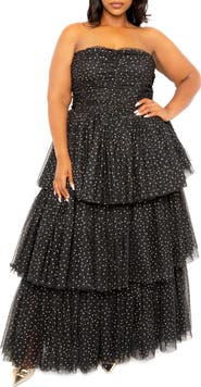 BUXOM COUTURE Metallic Polka Dot Strapless Tiered Tulle Dress