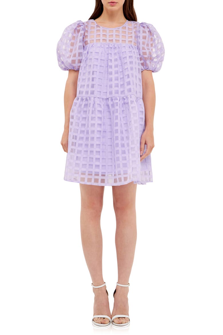 Gridded Puff Sleeve Dress, Main, color, LAVENDER