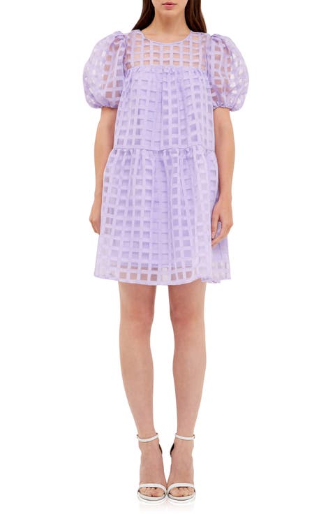 Gridded Puff Sleeve Dress