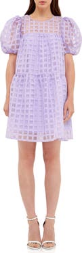 English Factory Gridded Puff Sleeve Dress