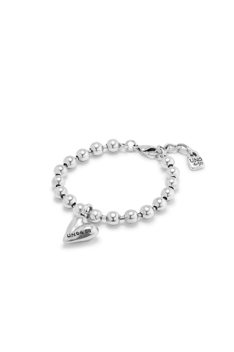 Sterling Silver-Plated Beaded Bracelet with a Heart Charm, Alternate, color, Silver