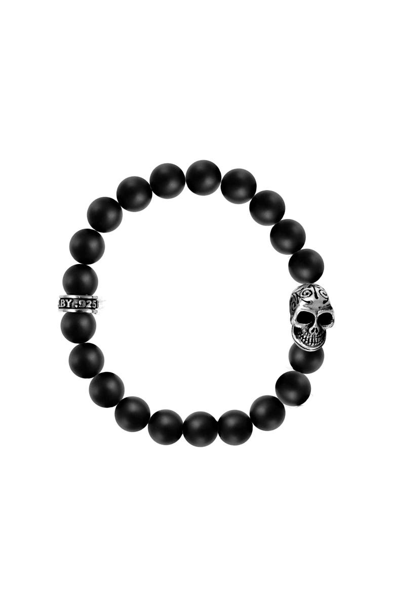 King Baby Studio 10mm Black Onyx Bead Bracelet with Day of the Dead Skull, Main, color, Silver
