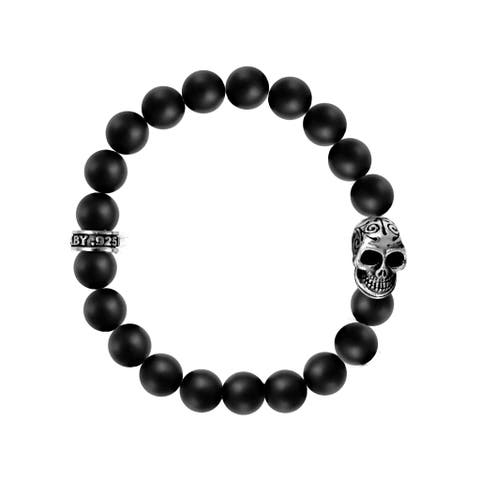 10mm Black Onyx Bead Bracelet with Day of the Dead Skull