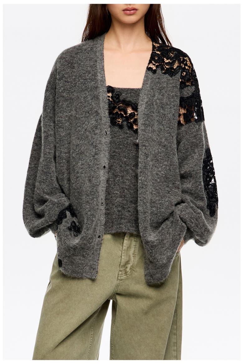 Long Lace Cardigan, Main, color, DARK GREY