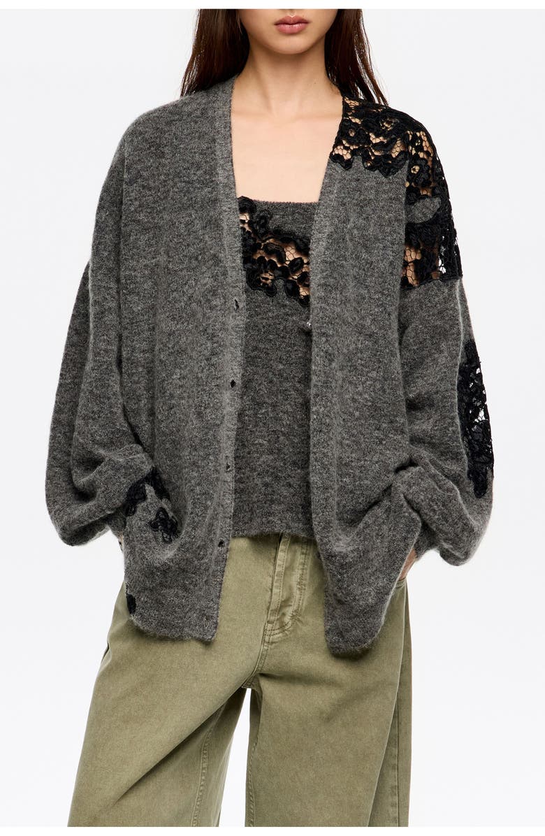 Bimba y Lola Long Lace Cardigan, Main, color, Dark Grey