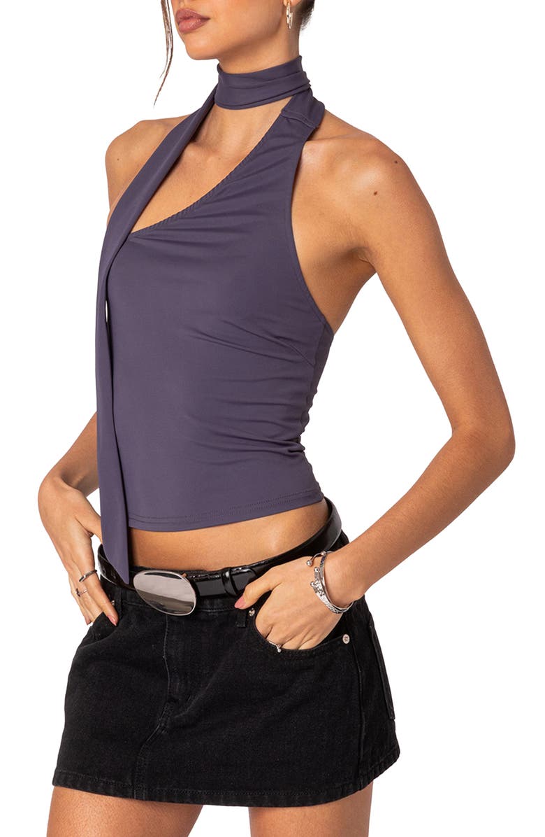 EDIKTED Melony One Shoulder Scarf Neck Knit Top, Alternate, color, Purple