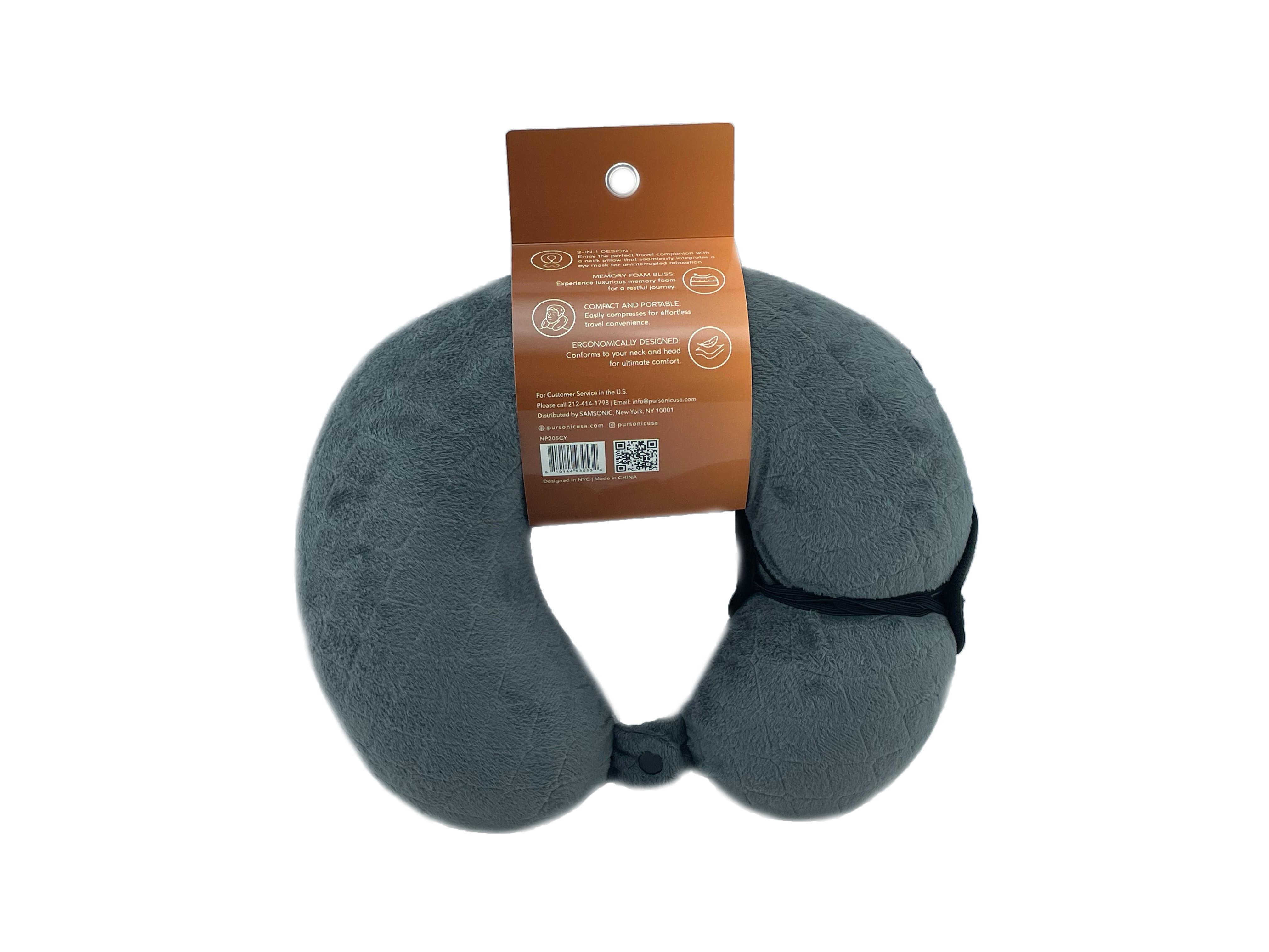 PURSONIC Memory Foam Travel Pillow with Sleep Mask, Alternate, color, Gray