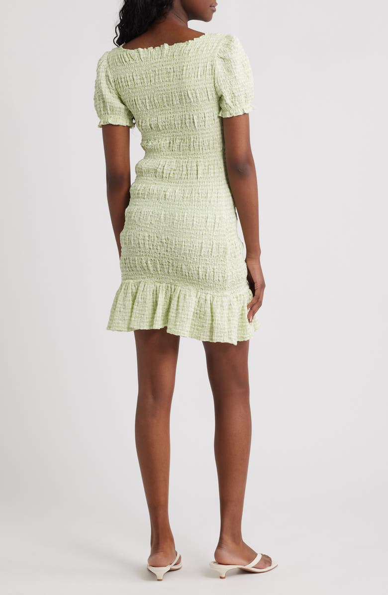 NEXT Shirred Gingham Stretch Cotton Blend Minidress, Alternate, color, Green