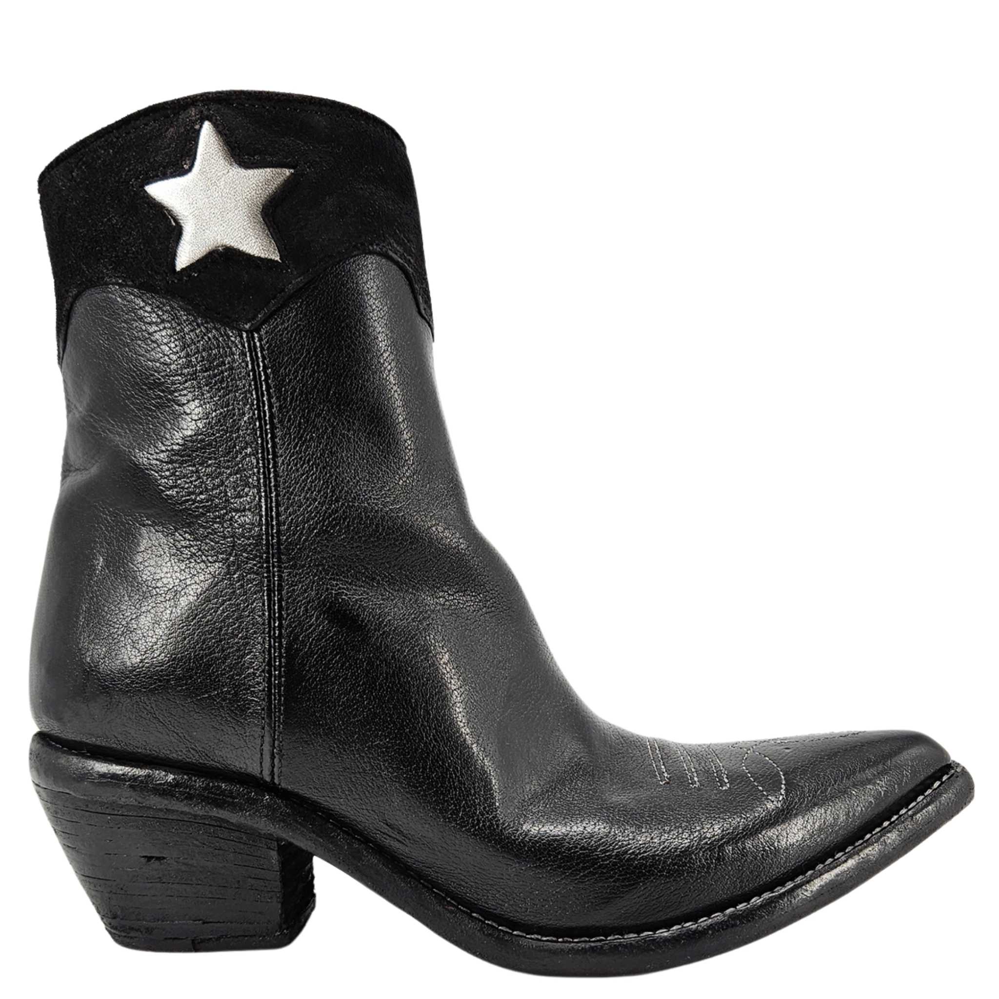 Cowboy Pointy Toe Star Ankle Boots, Main, color, black