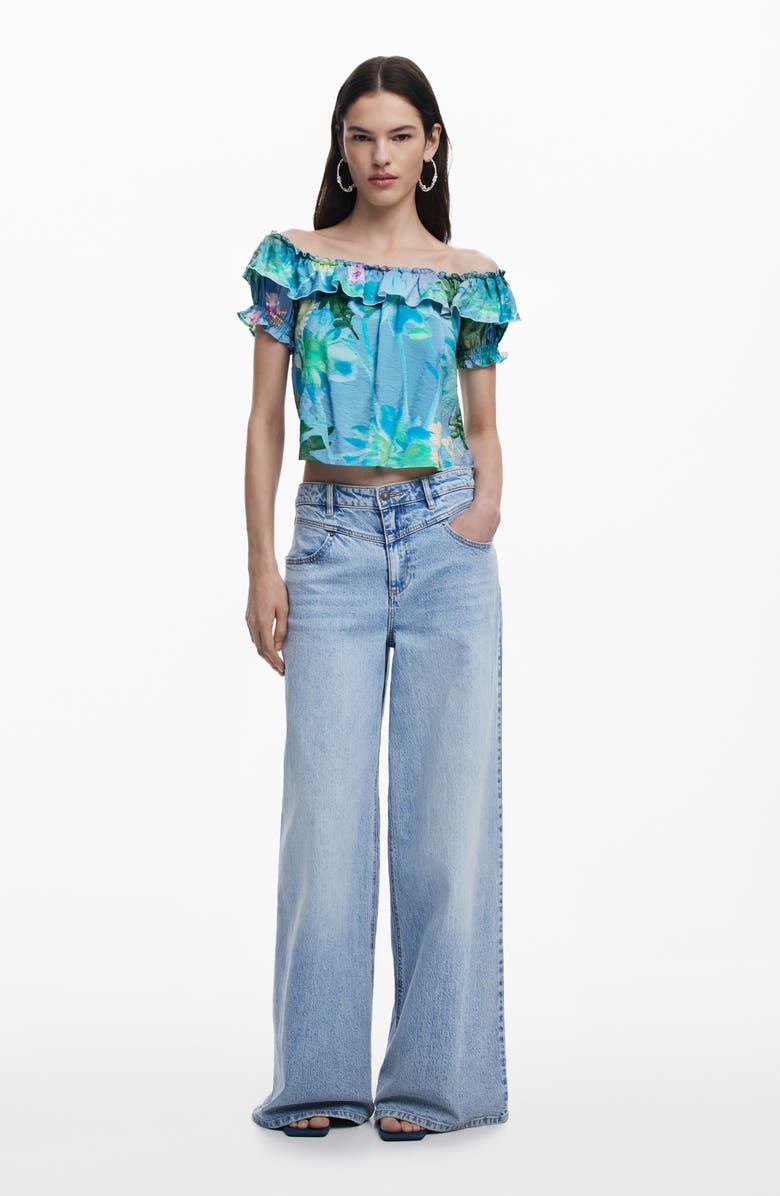 Desigual Ruffle Off the Shoulder Crinkle Satin Top, Alternate, color, Water Green