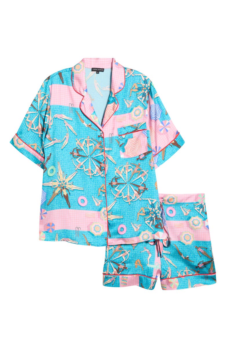 Karen Mabon Swimmers Piped Satin Pajamas, Alternate, color, Teal/ Pink