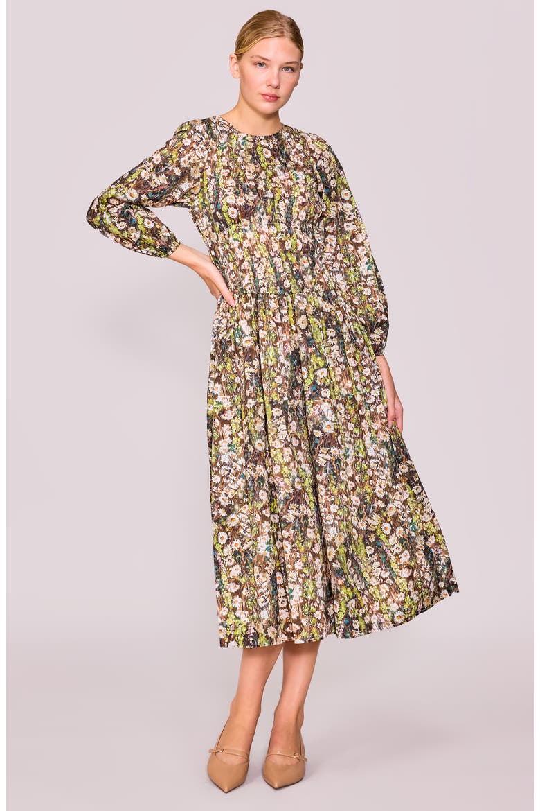 Floral Print Shirred Long Sleeve Midi Dress, Alternate, color, GREEN MULTI