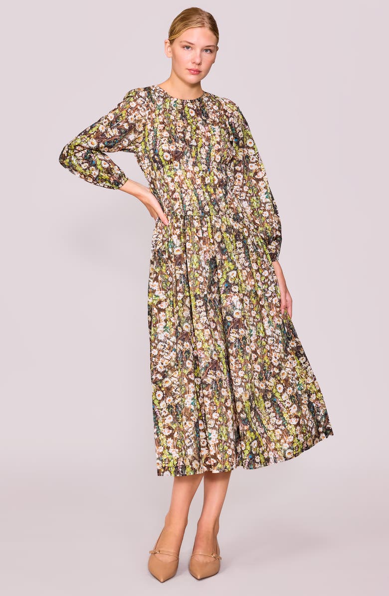 MELLODAY Floral Print Shirred Long Sleeve Midi Dress, Alternate, color, Green Multi