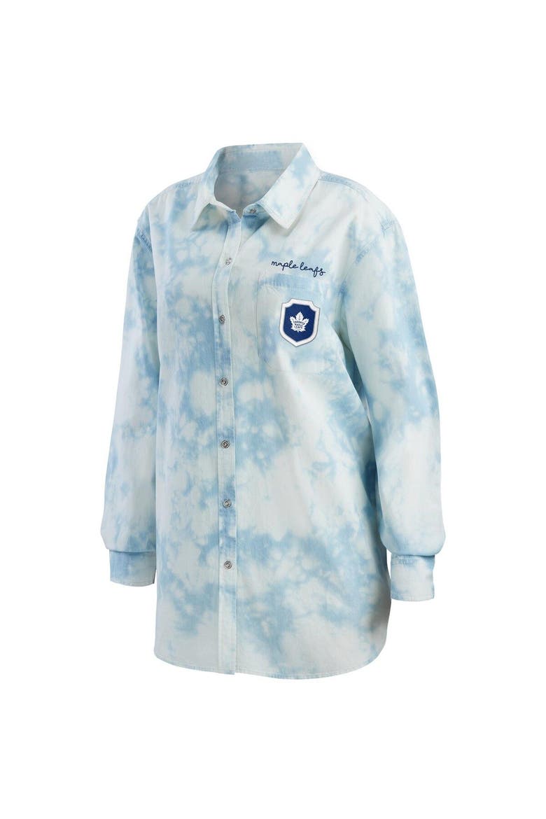 Women's WEAR by Erin Andrews White Toronto Maple Leafs Oversized Tie-Dye Button-Up Denim Shirt, Alternate, color, White