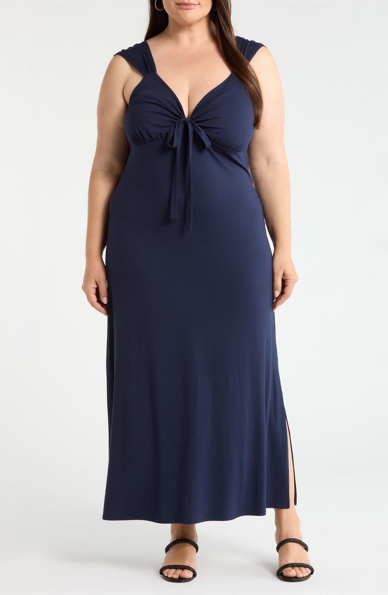 Loveappella Tie Front Jersey Maxi Dress, Main, color, Navy