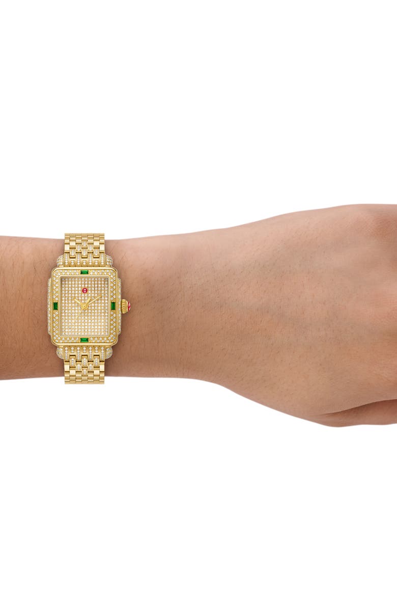 MICHELE Deco Mid Diamond Pavé & Tsavorite Bracelet Watch, 29mm x 31mm, Alternate, color, Gold / Green