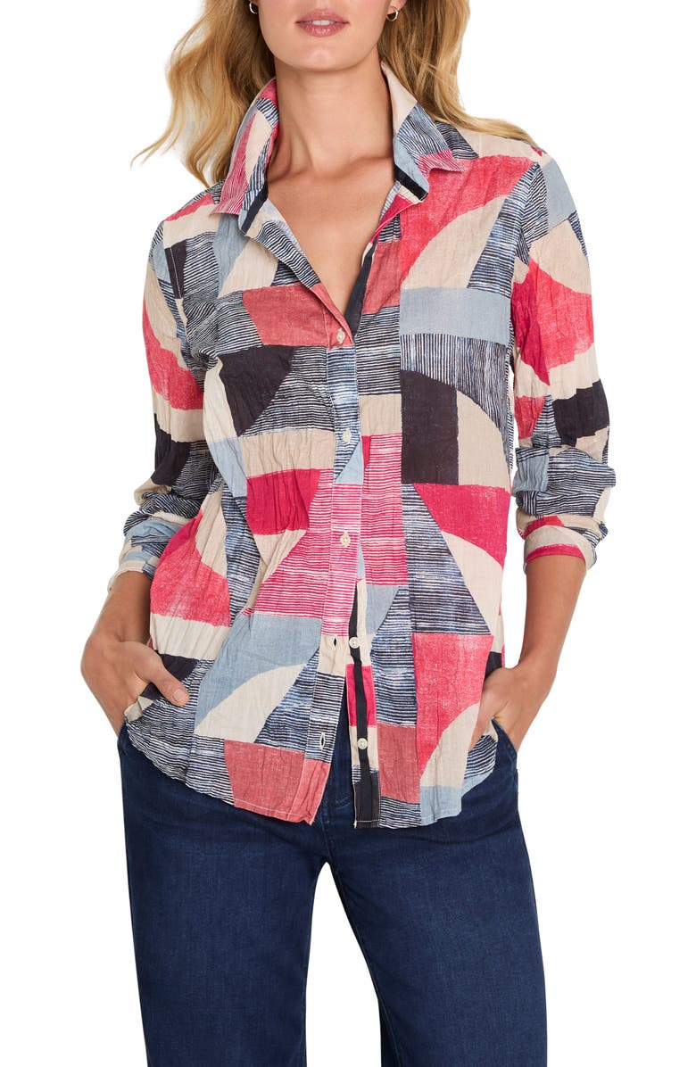 NIC+ZOE Set Sail Crinkle Cotton Button-Up Shirt, Main, color, Red Multi
