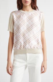 Burberry Sandrina Scarf Front Short Sleeve Wool & Silk Crewneck Sweater