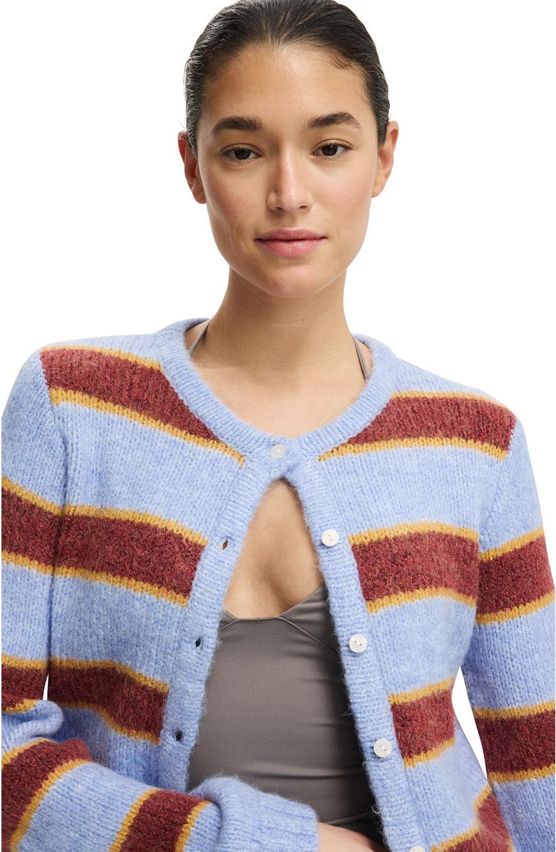 Cotton On Women's Luxe Crew Cardigan, Alternate, color, Dusk Blue Berry Stripe