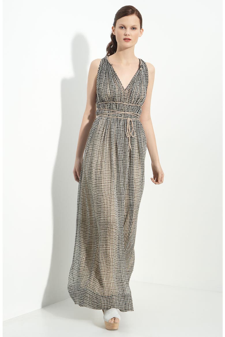 Painted Check Print Silk Maxi Dress, Main, color, BLACK
