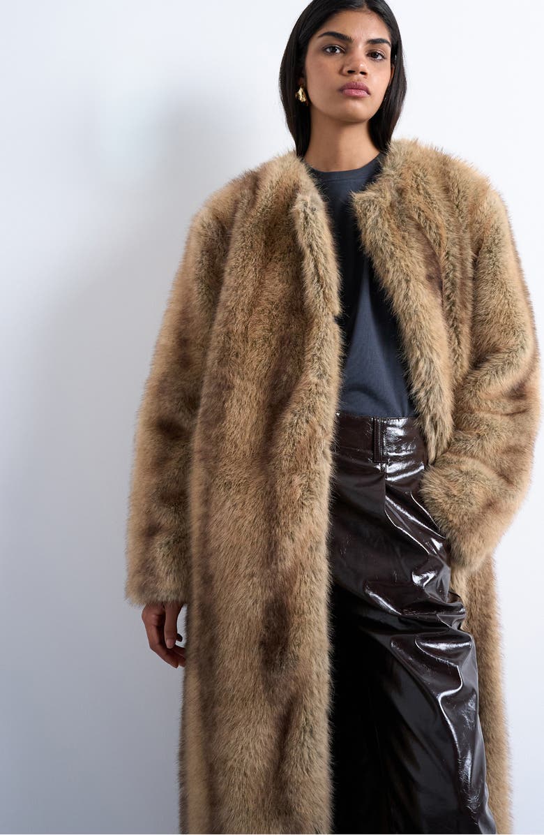 Topshop Collarless Faux Fur Long Coat, Alternate, color, Beige