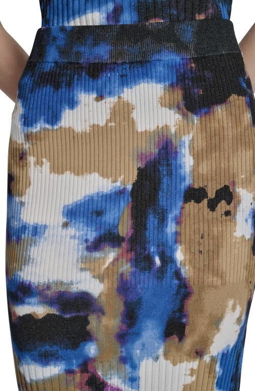 Dkny Womens Printed Mix Rib Short Sleeve Sweater Printed Rib Knit Midi Skirt In Blue