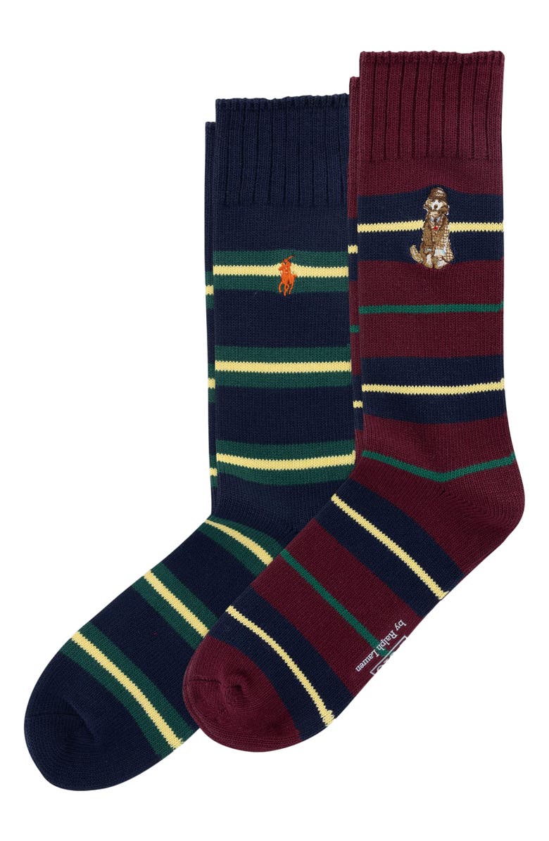Polo Ralph Lauren Assorted 2 Pack Dog Embroidered Crew Socks, Main, color, Wine/ Navy