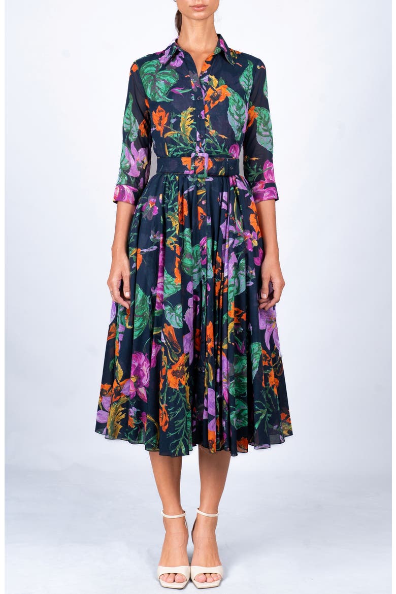 Gogh Summer A-Line Belted Shirtdress, Main, color, Navy
