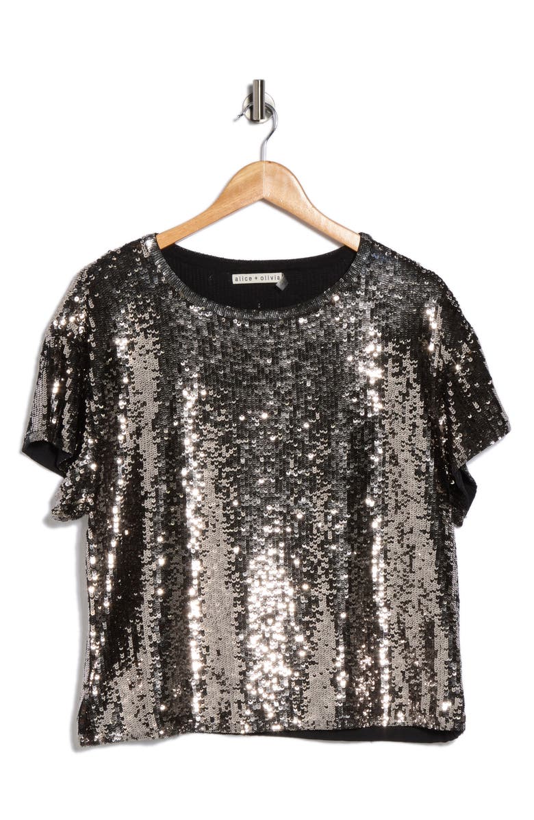Alice + Olivia Evan Sequin Oversize Tee, Alternate, color, Gunmetal