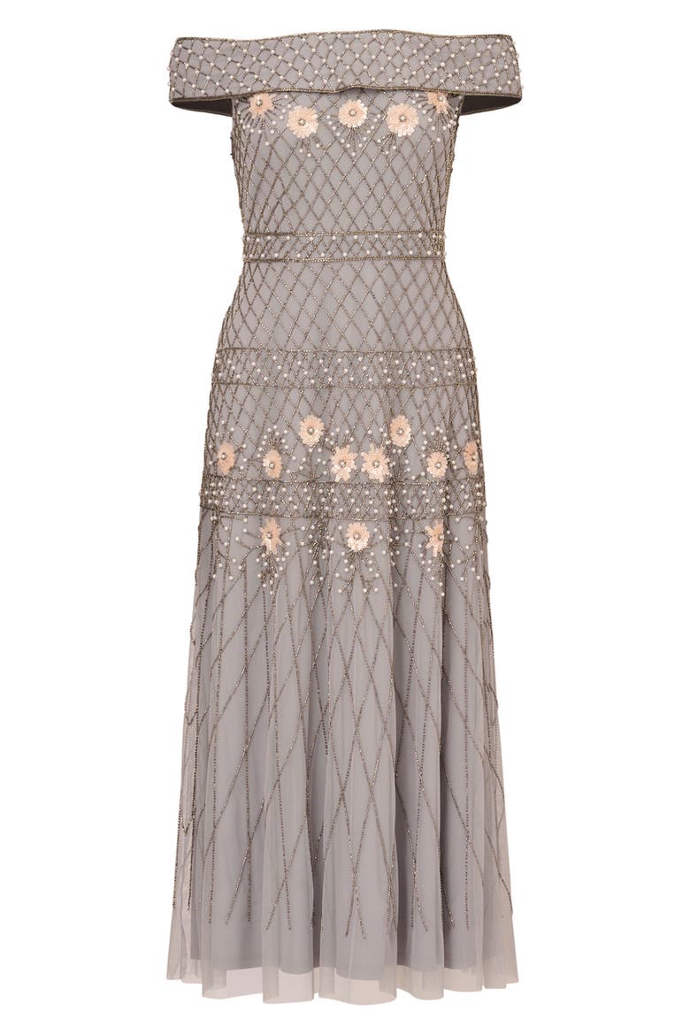 Beaded Off the Shoulder Cocktail Dress, Alternate, color, SILVER MIST