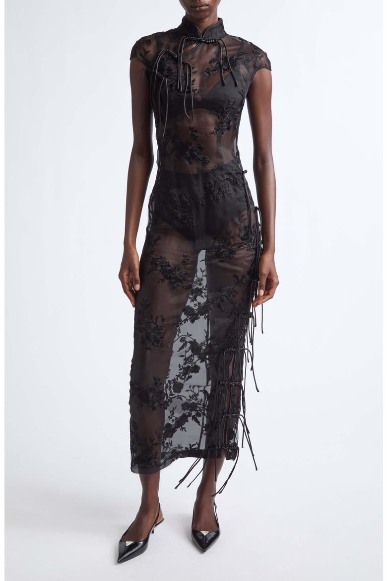 Xinyi Floral Embroidered Silk Organza Qipao Dress, Main, color, BLACK