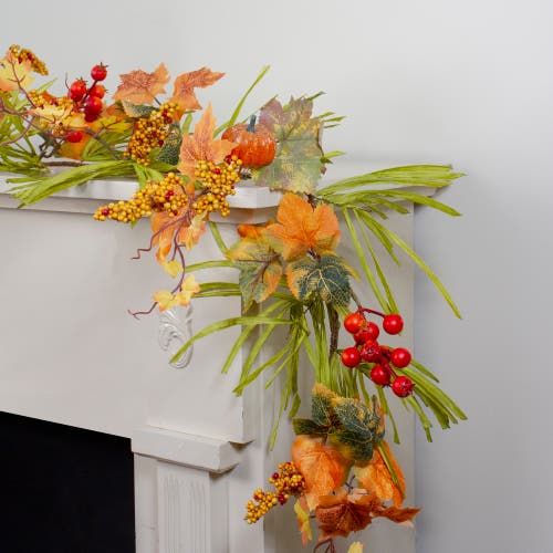 Northlight Pumpkins And Berries With Leaves Artificial Thanksgiving Garland Unlit, 5' X 10" In Multi