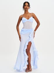 Miss Circle Lacy Ruched Breast High Slit Chiffon Dress