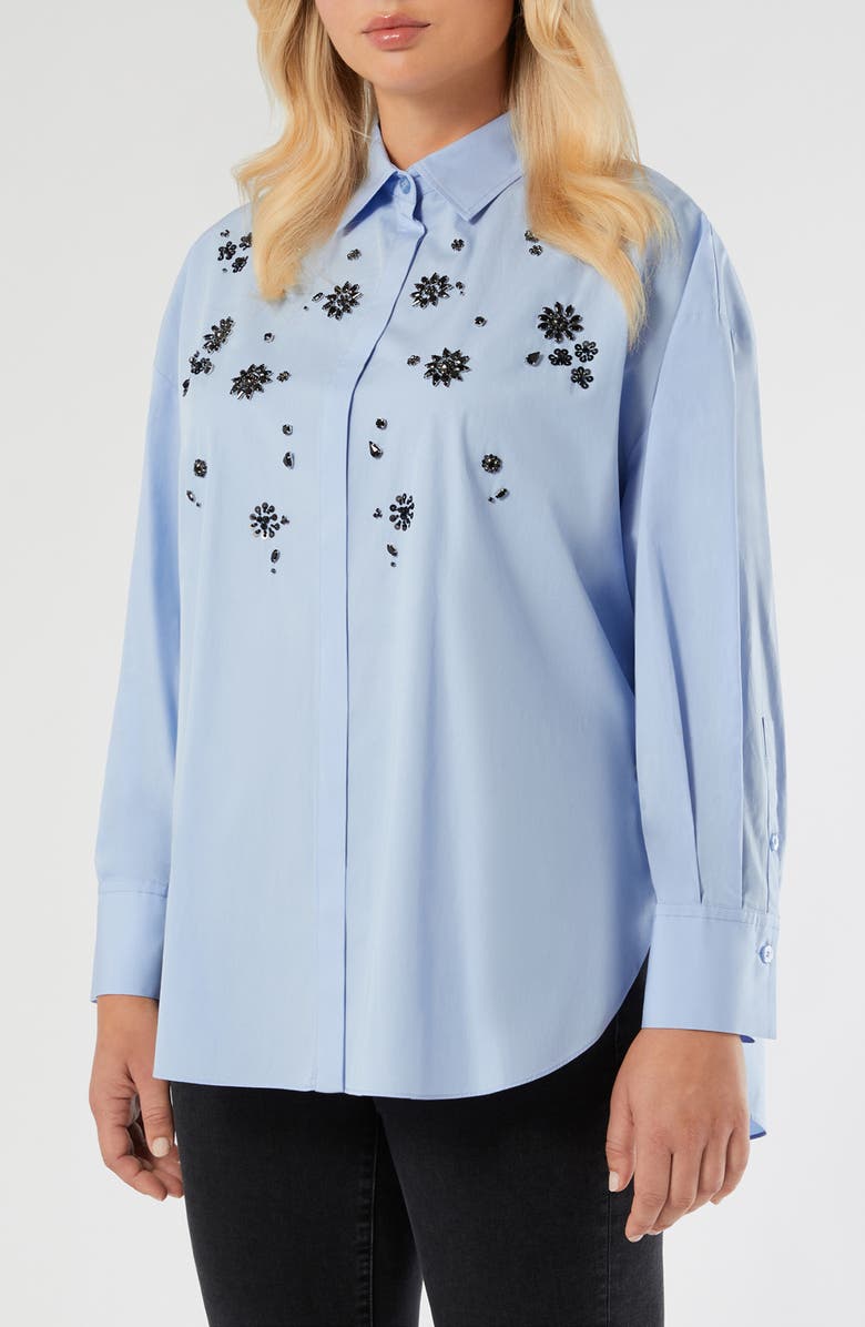 Marina Rinaldi Uganda Embellished Oversize Cotton Button-Up Shirt, Main, color, Light Blue