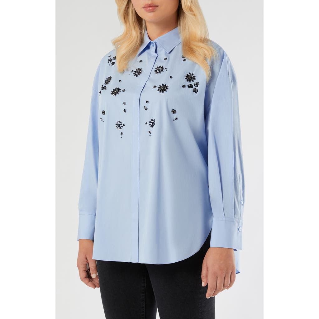 Marina Rinaldi Uganda Embellished Oversize Cotton Button-up Shirt In Blue