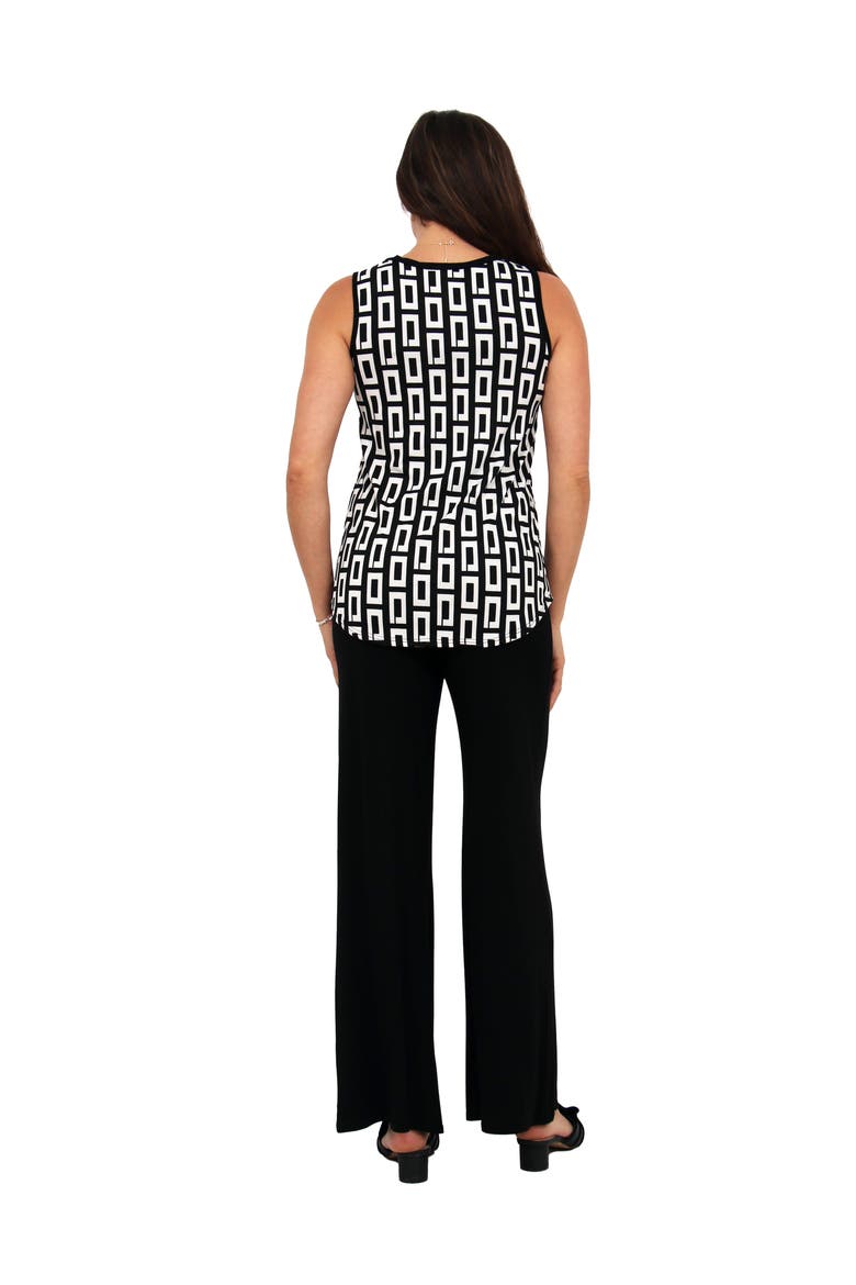 Womens Essential Geometric Print V-Neck Sleeveless Round Hem Top and Elastic Waist Flared Pant Set, Alternate, color, Black Multi