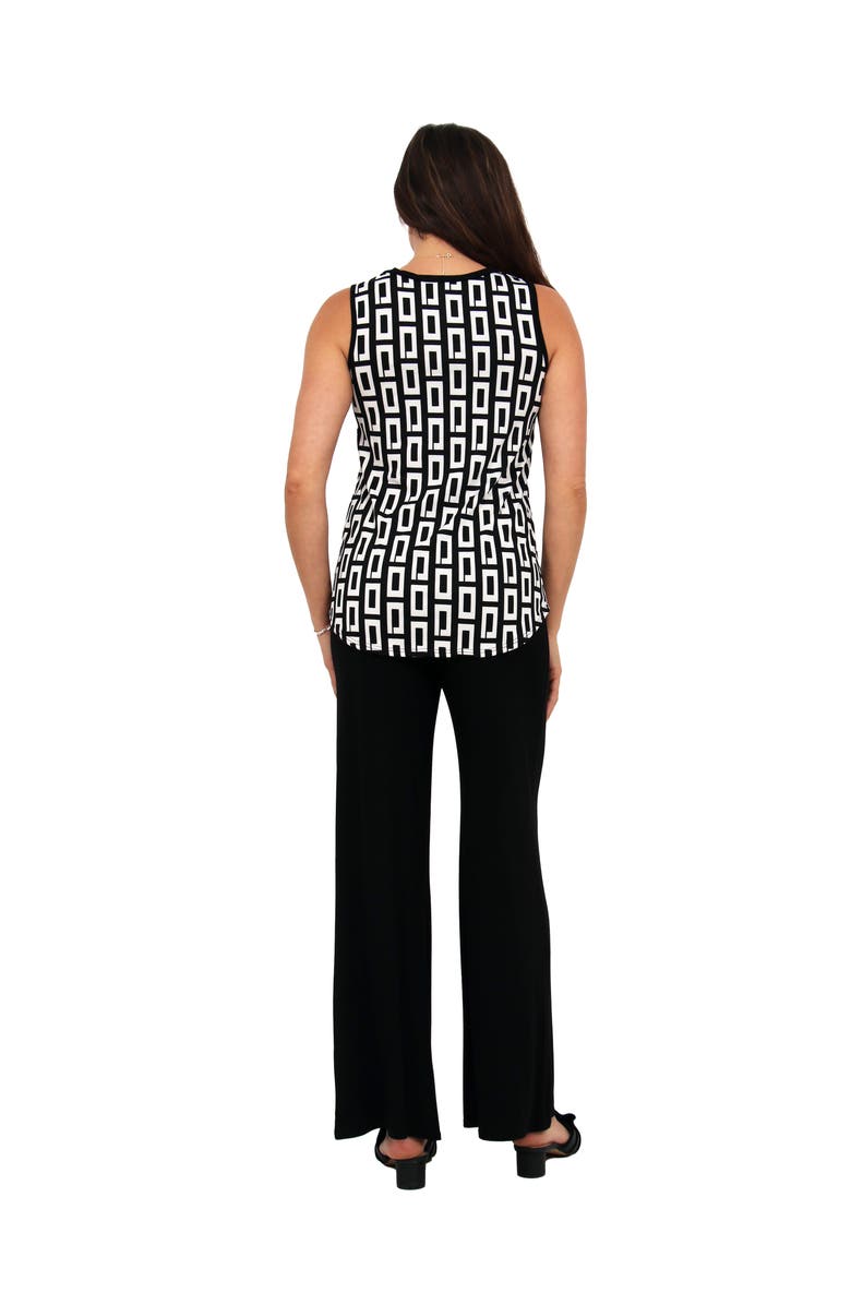 24seven Comfort Apparel Womens Essential Geometric Print V-Neck Sleeveless Round Hem Top and Elastic Waist Flared Pant Set, Alternate, color, Black Multi