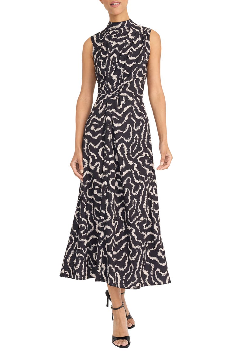 Print Mock Neck Sleeveless Midi Dress, Main, color, BLACK/ TAN