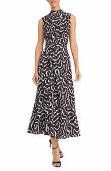 Maggy London Print Mock Neck Sleeveless Midi Dress