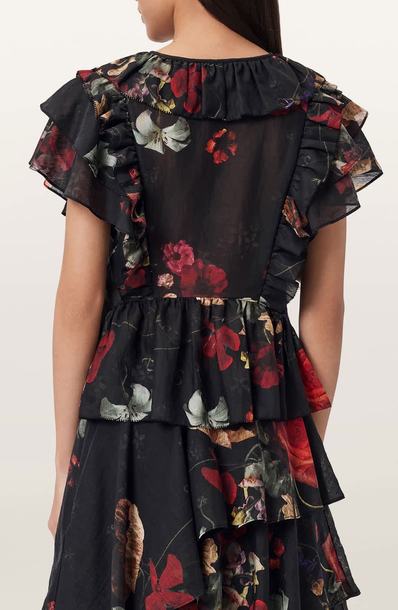 AllSaints Alma Floral Print Ruffle Top, Alternate, color, Haze Black