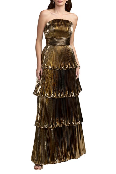Strapless Pleated Metallic Layered High Low Gown