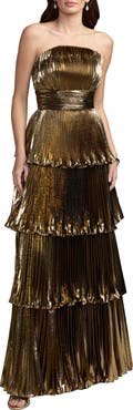Mac Duggal Strapless Pleated Metallic Layered High Low Gown