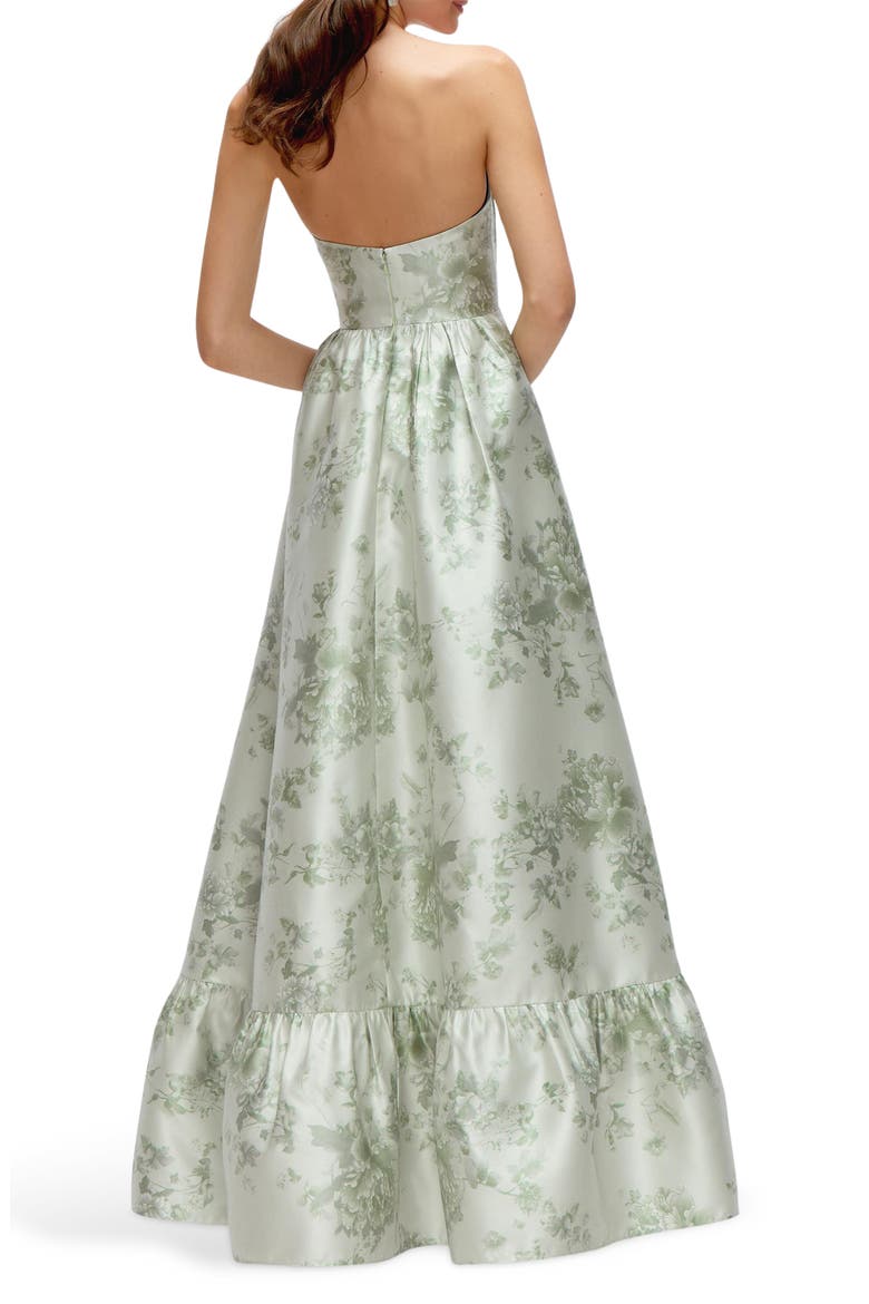 Floral Strapless Bustier Bodice Satin Gown, Alternate, color, SAGE COTTAGE ROSE