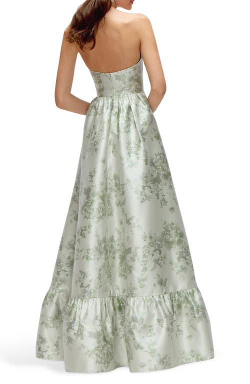 Dessy Collection Floral Strapless Bustier Bodice Satin Gown In Sage Cottage Rose