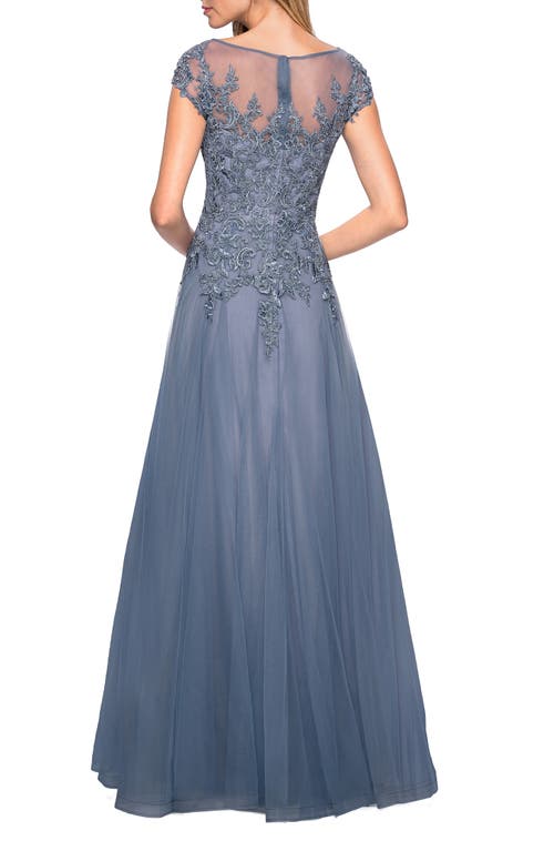 La Femme Long Tulle Gown With Lace Bodice And Pockets In Smoky Blue