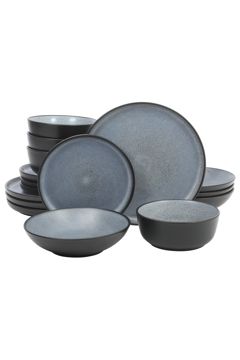 Tribeca Loft 16-Piece Double Bowl and Plates Stoneware Dinnerware Set, Service for 4, Dishwasher & Microwave Safe, Main, color, Matte Blue