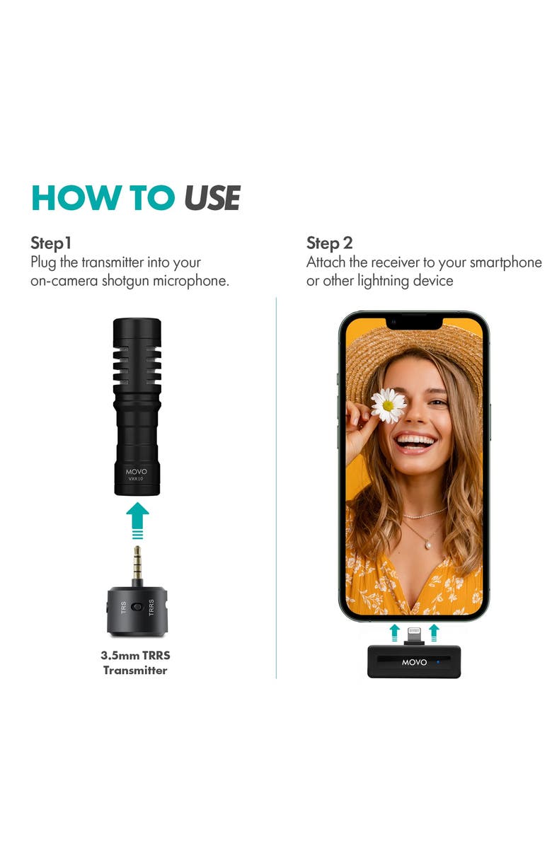 MOVO WM-VXR10 Wireless Shotgun Mic Adapter for iPhone/Lightning Devices - Compatible VXR10, VXR10-PRO and Rode VideoMicro, Alternate, color, Black