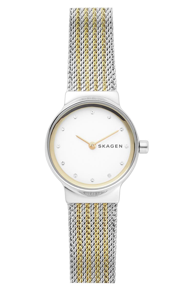 Freja Crystal Accent Mesh Strap Watch, 26mm, Main, color, SILVER/ WHITE/ GOLD