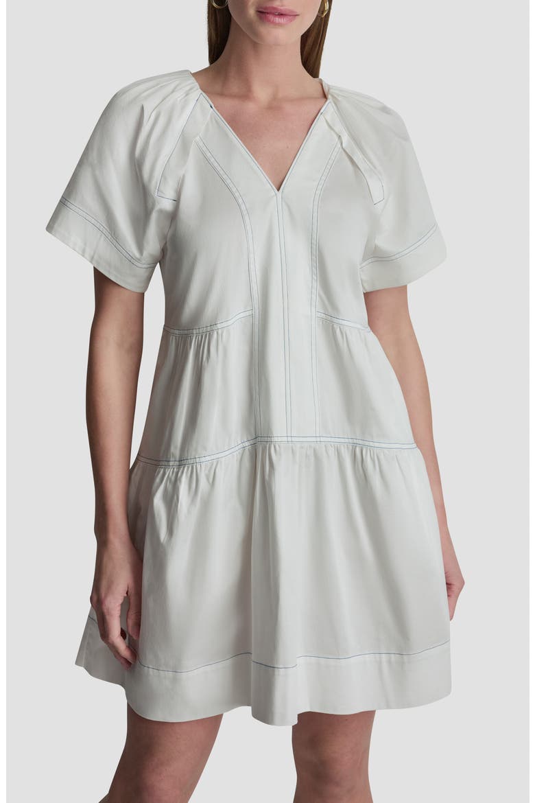 Topstitch Detail Stretch Cotton Tiered Minidress, Alternate, color, WHITE